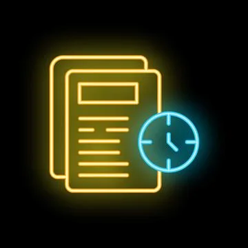 Neon icon of clock showing deadline for documents 스톡 일러스트