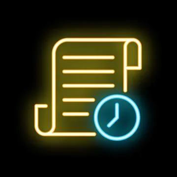Neon icon of a clock showing deadline for document preparation Stock Illustration