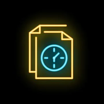 Neon icon of clock showing deadline on documents for time management concept Stock Illustration
