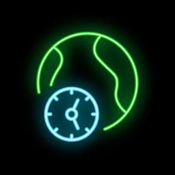 Neon icon of clock showing global time zones Stock Illustration