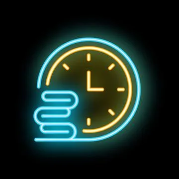 Neon icon of a clock showing time passing by with books Stock Illustration