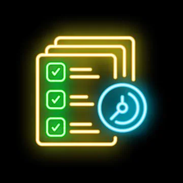 Neon icon of clock showing time limit for completing tasks Illustrazione stock