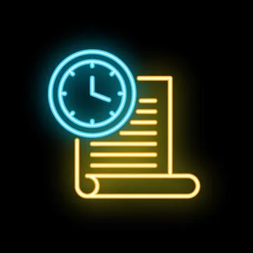 Neon icon of clock showing time limit for finishing important paperwork 스톡 일러스트