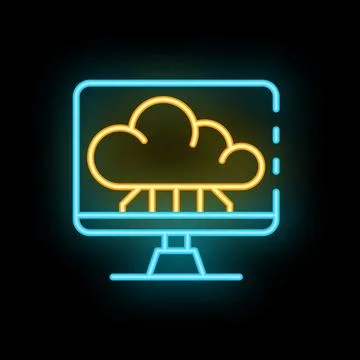 Neon icon of cloud computing connecting with computer monitor Stock Illustration