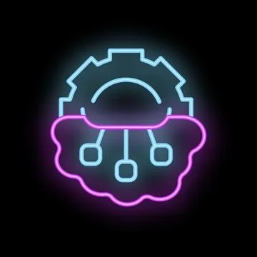 Neon icon of cloud computing connecting devices with gear representing settin Illustrazione stock