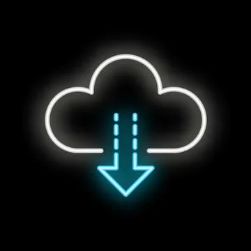 Neon icon of cloud computing downloading data in blue and white Illustrazione stock