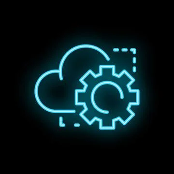 Neon icon of cloud computing processing data with gear symbol Illustrazione stock
