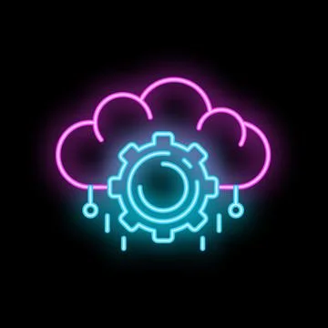 Neon icon of cloud computing with raining data flowing down from gear wheel Illustrazione stock