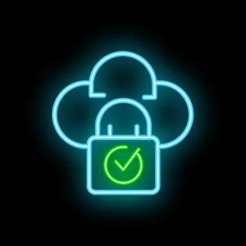 Neon icon of cloud computing security showing padlock and check mark Stock Illustration