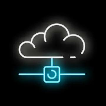 Neon icon of cloud computing showing data synchronizing Stock Illustration