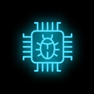 Neon icon of computer chip containing malware bug spreading through circuitry Stockillustratie