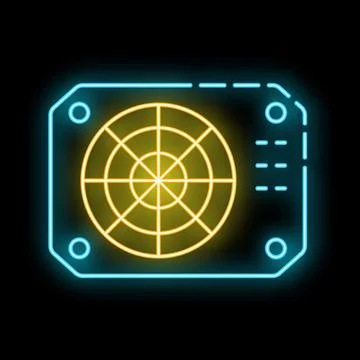 Neon icon of computer cooler showing rotating fan blades Illustrazione stock