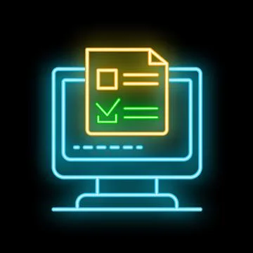 Neon icon of computer displaying approved online form document Illustrazione stock
