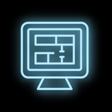 Neon icon of computer displaying architectural plans Stock Illustration