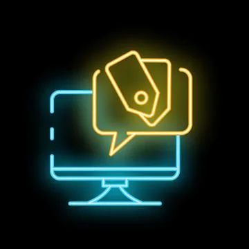 Neon icon of computer displaying chat bubble with price tags Stock Illustration