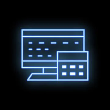 Neon icon of computer displaying code with calculator depicting programming Stock Illustration