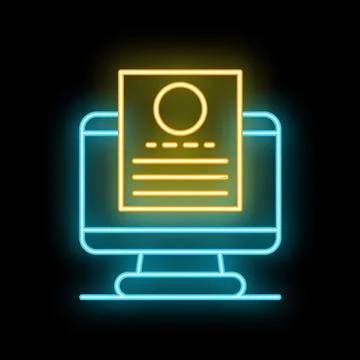 Neon icon of computer displaying document with user profile Stock Illustration