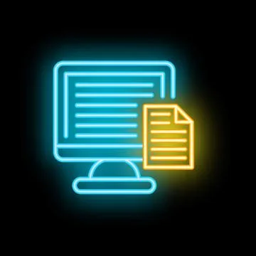 Neon icon of computer displaying document for online education Illustrazione stock
