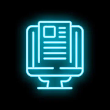 Neon icon of computer displaying document for online reading experience Stock Illustration