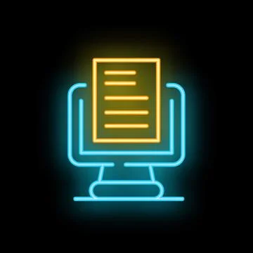 Neon icon of computer displaying document for online reading or editing 스톡 일러스트