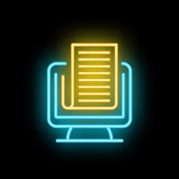 Neon icon of computer displaying document for online reading or digital conte 스톡 일러스트