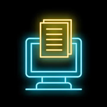 Neon icon of a computer displaying documents, representing concepts like digi Illustrazione stock