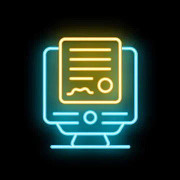Neon icon of computer displaying electronic signature document Illustrazione stock