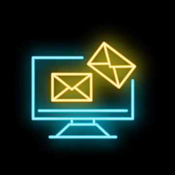 Neon icon of computer displaying envelopes for email marketing concept Stock Illustration