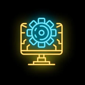 Neon icon of computer displaying a gear mechanism for software development Stock Illustration