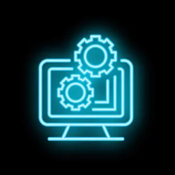 Neon icon of computer displaying gears representing software development Stock Illustration