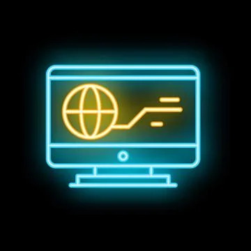 Neon icon of computer displaying global connection symbol on screen Stockillustratie