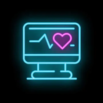 Neon icon of a computer displaying a heartbeat and a heart shape 스톡 일러스트