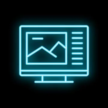 Neon icon of computer displaying image editing software interface Stock Illustration