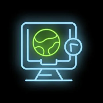 Neon icon of computer displaying planet earth and clock symbol イラスト素材