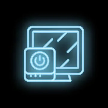 Neon icon of a computer displaying power button symbolising turning on Illustrazione stock