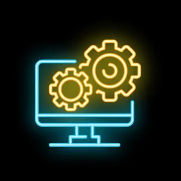 Neon icon of computer displaying rotating gears for automation Stock Illustration