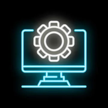 Neon icon of computer displaying settings gear for customization Illustrazione stock
