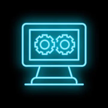 Neon icon of computer displaying two gears working together Stock Illustration