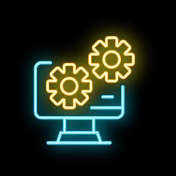 Neon icon of computer displaying two interlocking gears for software develo.. Illustrazione stock