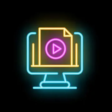 Neon icon of computer displaying video file on black background Stockillustratie