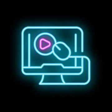 Neon icon of computer displaying video content and cursor clicking Stock Illustration