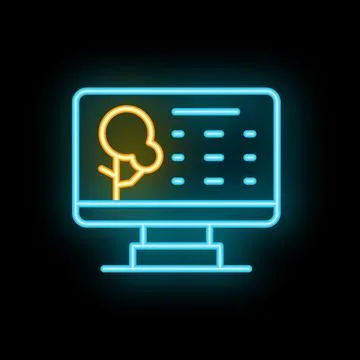 Neon icon of computer displaying weather forecast with tree and temperature.. Illustrazione stock