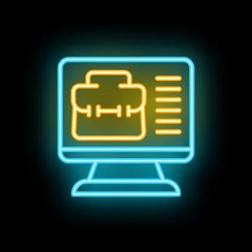 Neon icon of computer displaying a work portfolio on black background Stock Illustration