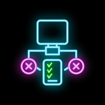 Neon icon of computer distributing data to devices with check and cross marks Stock Illustration