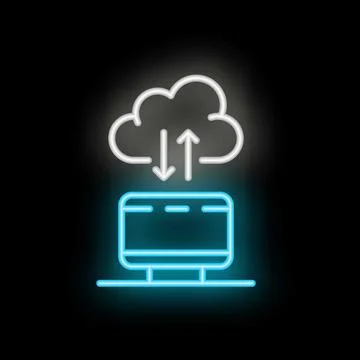 Neon icon of computer exchanging data with cloud storage Stock Illustration