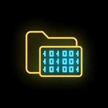 Neon icon of computer folder storing binary code data Stock Illustration