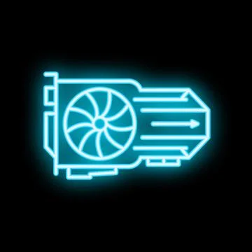 Neon icon of computer graphics card showing cooling fan Illustrazione stock