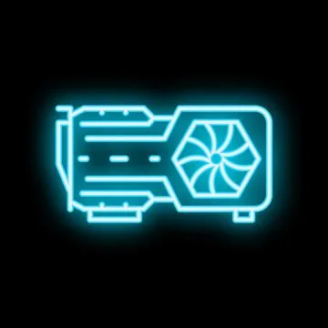 Neon icon of computer graphics card showing gpu chipset and cooling fan Illustrazione stock