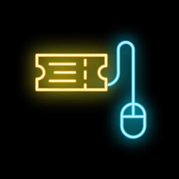 Neon icon of computer mouse connected to an admission ticket representing o.. Illustrazione stock