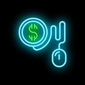 Neon icon of computer mouse connected to dollar coin symbolizing online ear.. Illustrazione stock